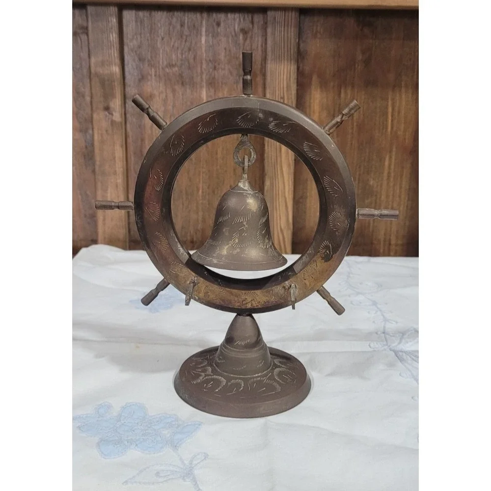 Vintage Brass Nautical Ship Boat Sailor Wheel Bell 9